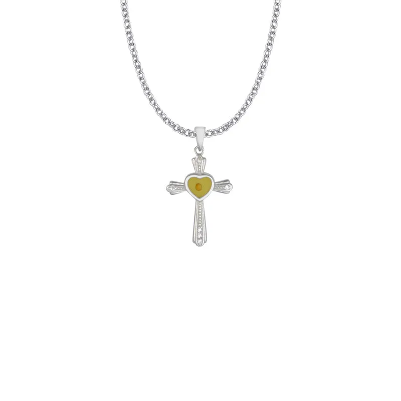 1-1/16 Inch Sterling Silver Centered Mustard Seed Heart and Cross Necklace