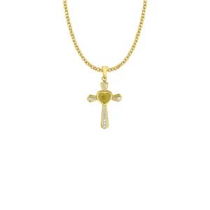 1-1/16 Inch Two-Tone 14KT Gold Plated Over Sterling Silver Centered Mustard Seed Heart and Cross Necklace