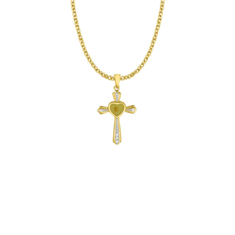 1-1/16 Inch Two-Tone 14KT Gold Plated Over Sterling Silver Centered Mustard Seed Heart and Cross Necklace