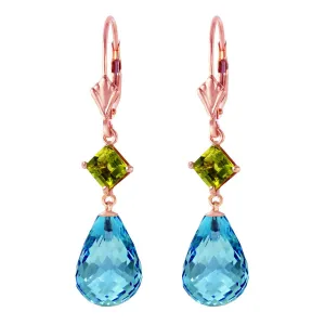 14K Solid Rose Gold Leverback Earrings Peridot & Blue Topaz Gemstone