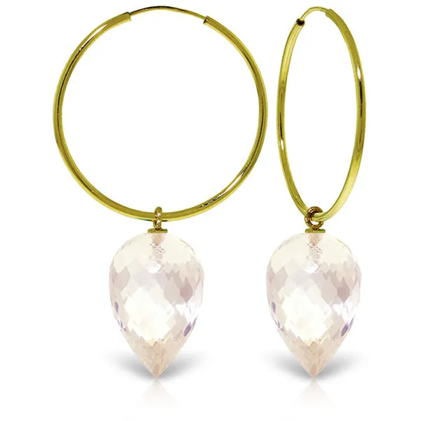 14K Solid Yellow Gold Hoop Earrings w/ Pointy Briolette Drop White Topaz