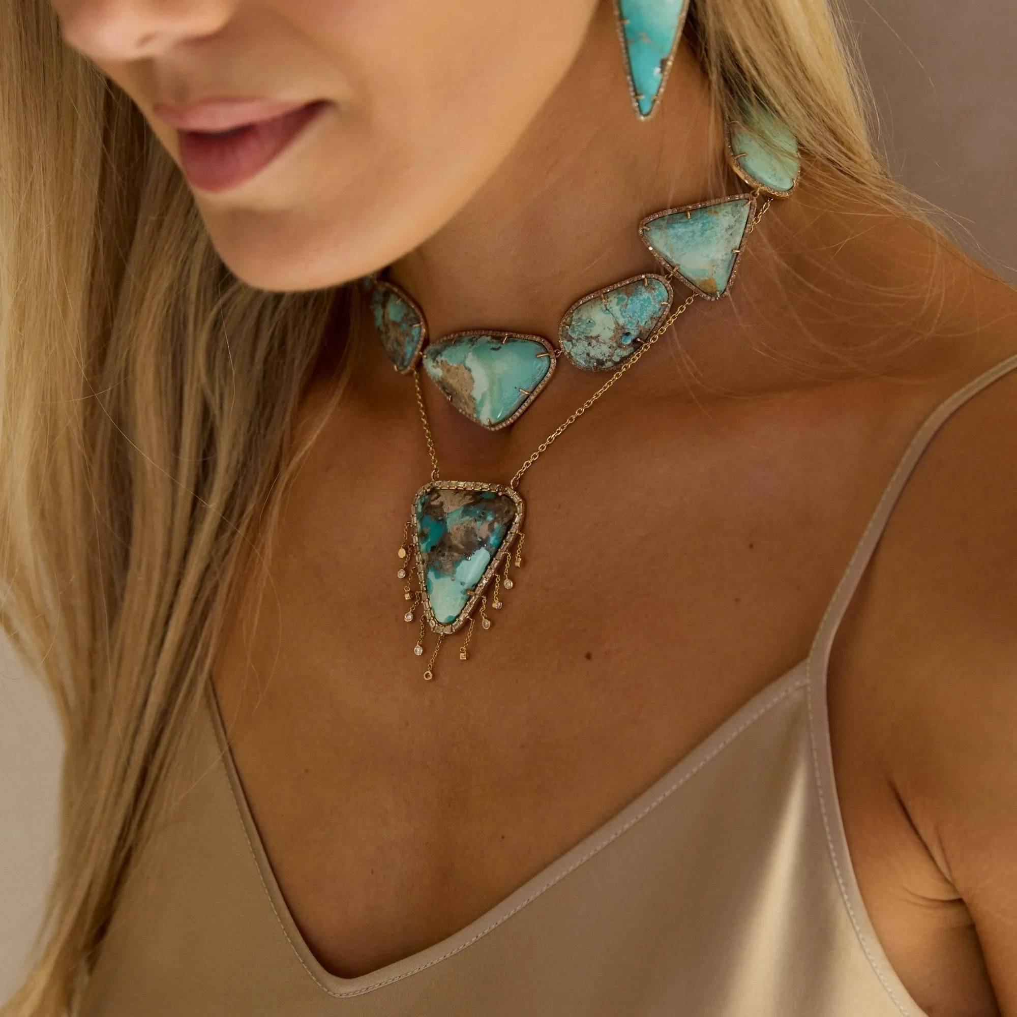 14k Turquoise Diamond Dangle Shield Necklace