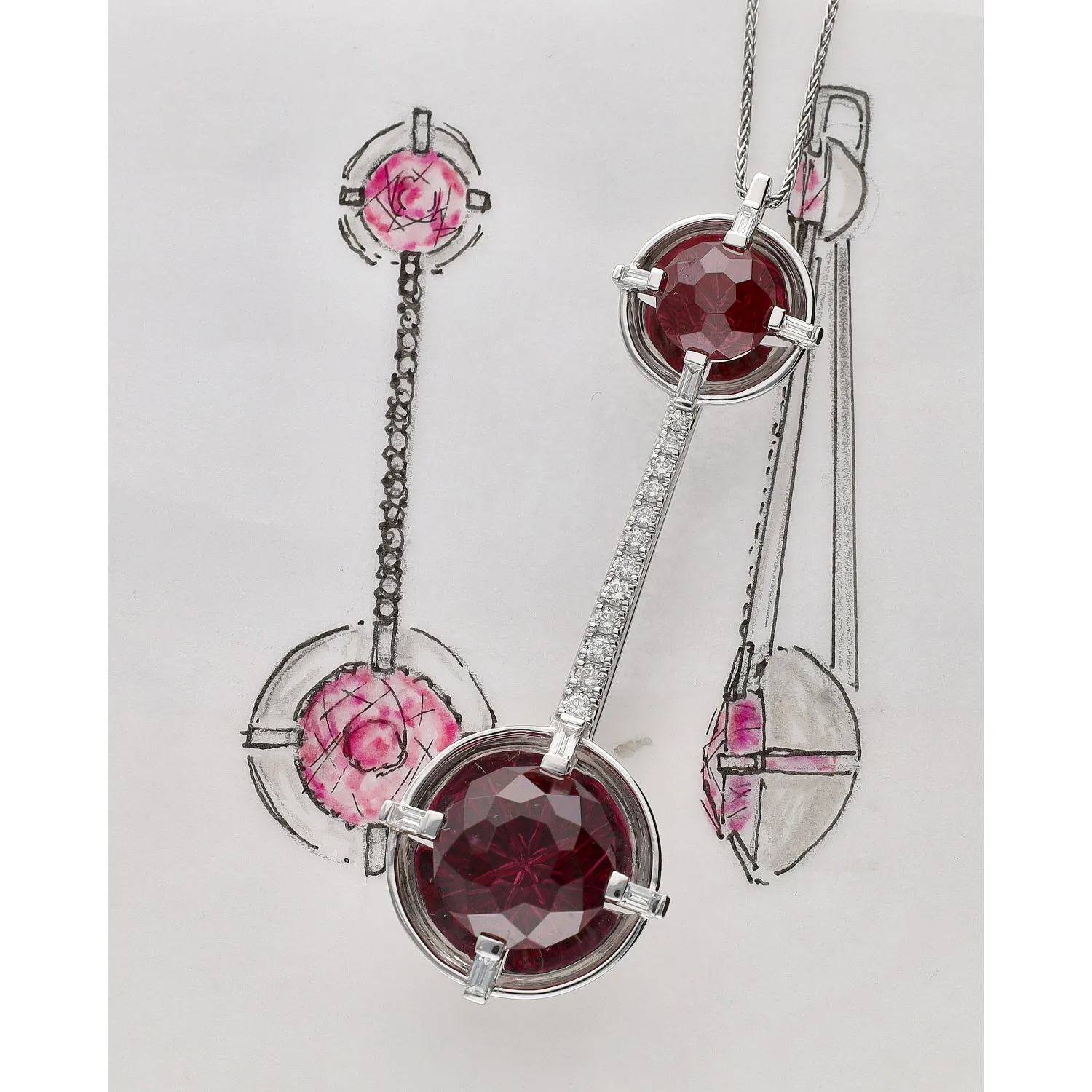 14K White Gold John Dyer Rhodolite Garnet and Diamond Custom Design Pendant Necklace