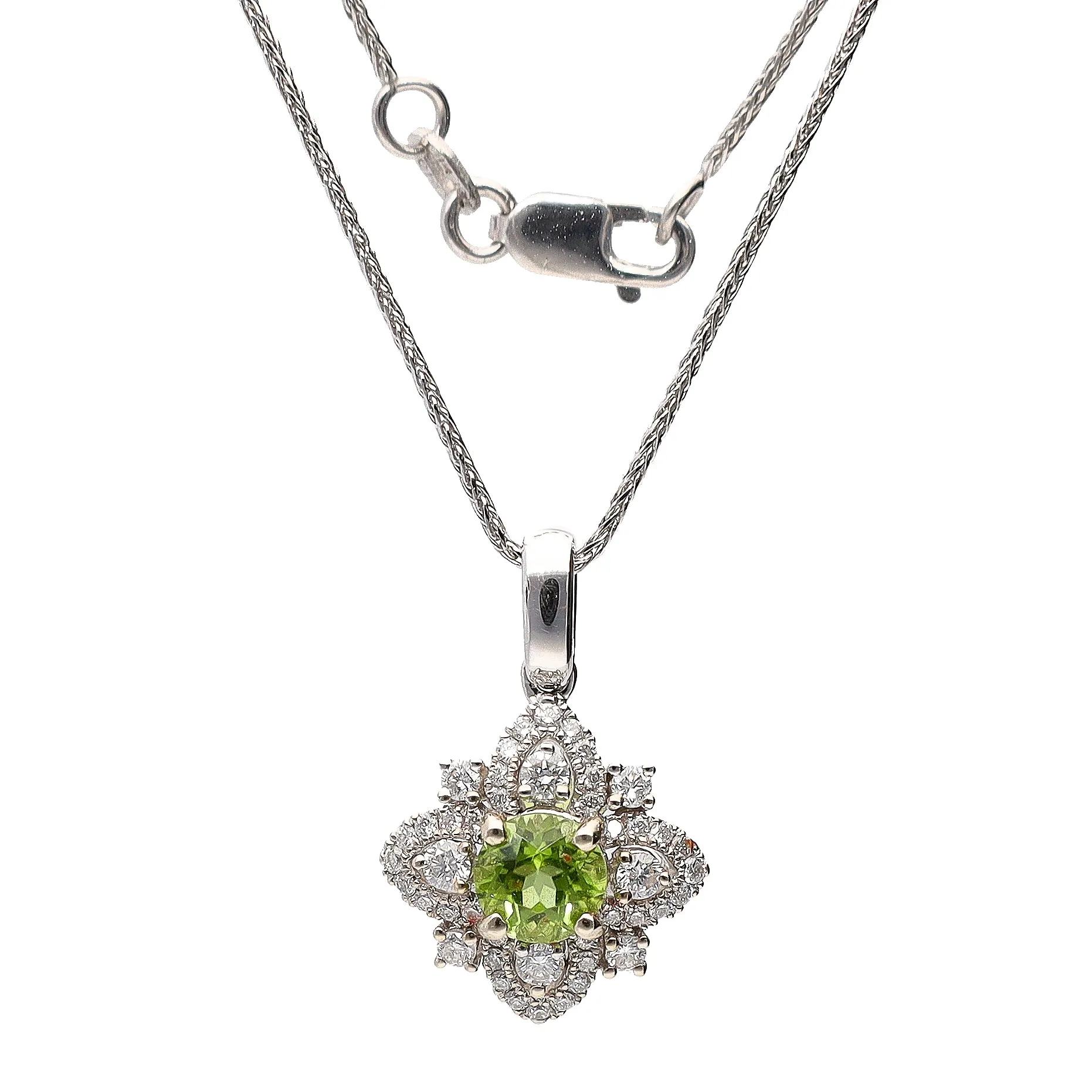 14K White Gold Round Peridot & Diamond Pendant on 18" Superflex Wheat Chain