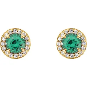 14K Yellow 5 mm Lab-Grown Emerald & 1/8 CTW Natural Diamond Earrings