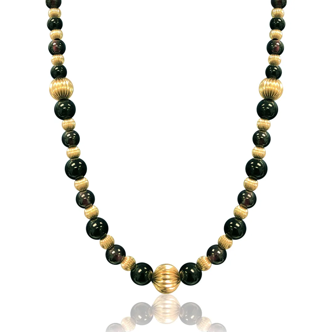 14K Yellow gold beaded necklace with onyx and garnet