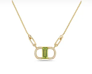 14k Yellow Gold Diamond Oval and Baguette Peridot Necklace (I8545)