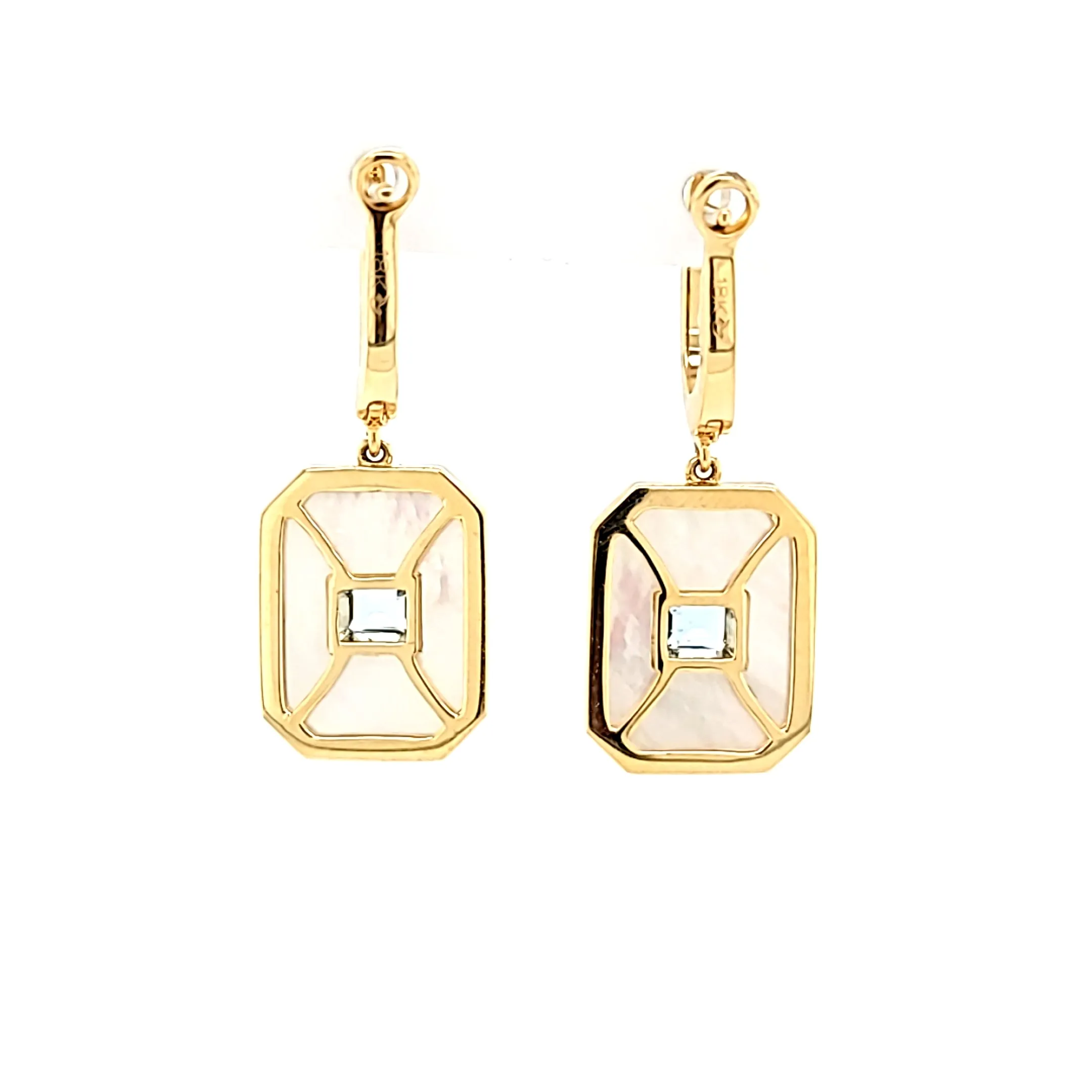 14k Yellow Gold Mother of Pearl & Blue Topaz Dangle Earrings (I7695)
