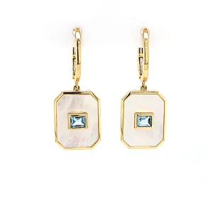 14k Yellow Gold Mother of Pearl & Blue Topaz Dangle Earrings (I7695)
