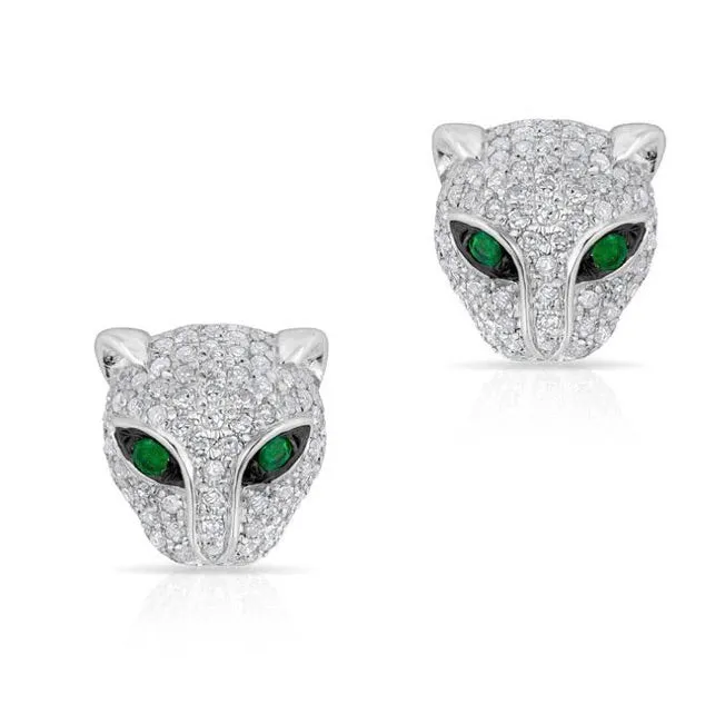 14KT YELLOW GOLD DIAMOND EMERALD JAGUAR STUD EARRINGS