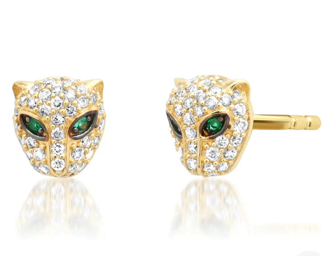 14KT YELLOW GOLD DIAMOND EMERALD JAGUAR STUD EARRINGS