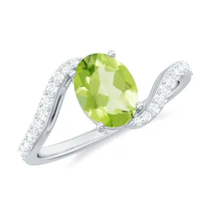 1.50 CT Oval Cut Peridot Solitaire Ring with Diamond Accent