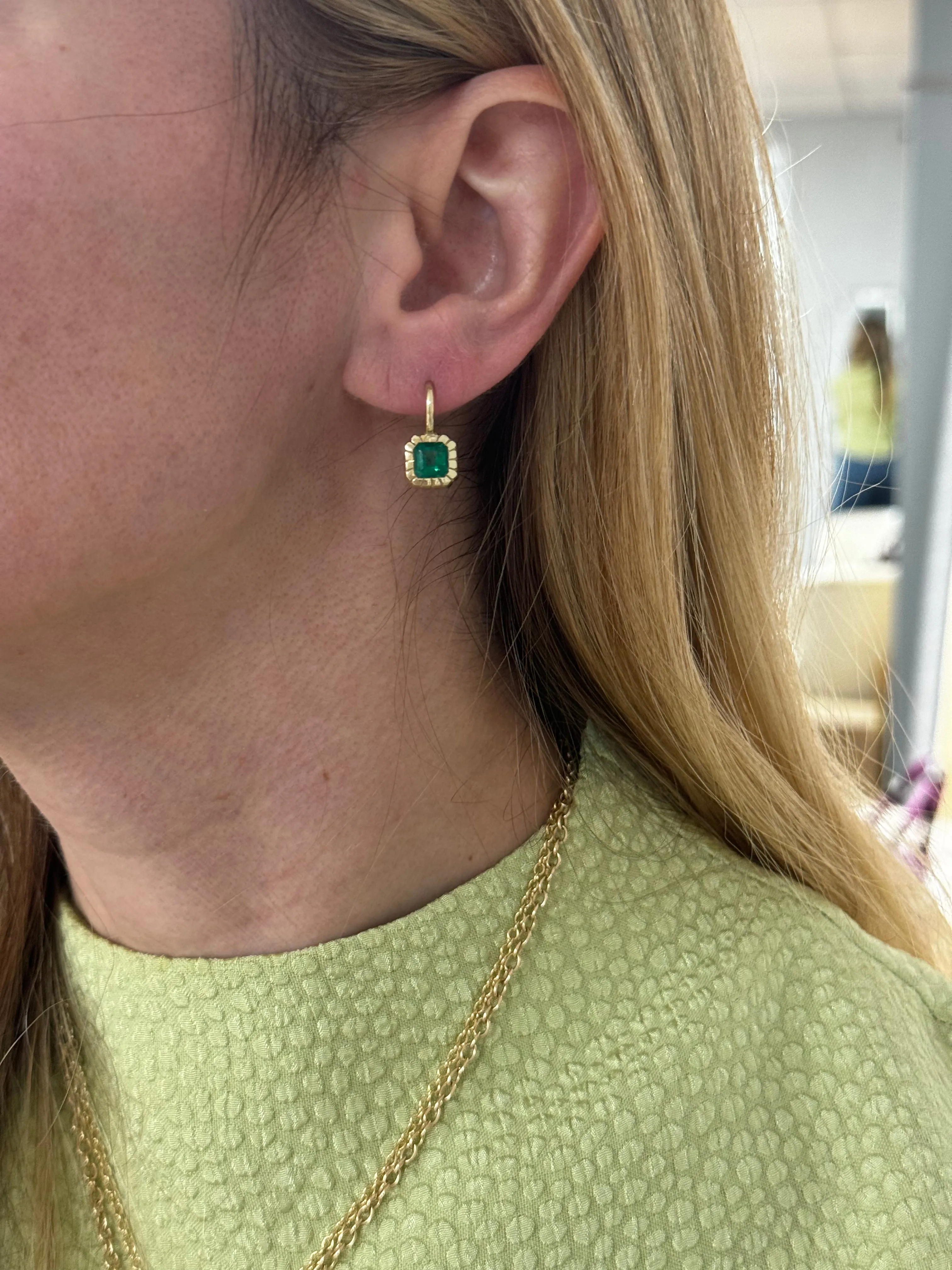 1.88ct Emerald Cut Emerald Heirloom Bezel Earrings