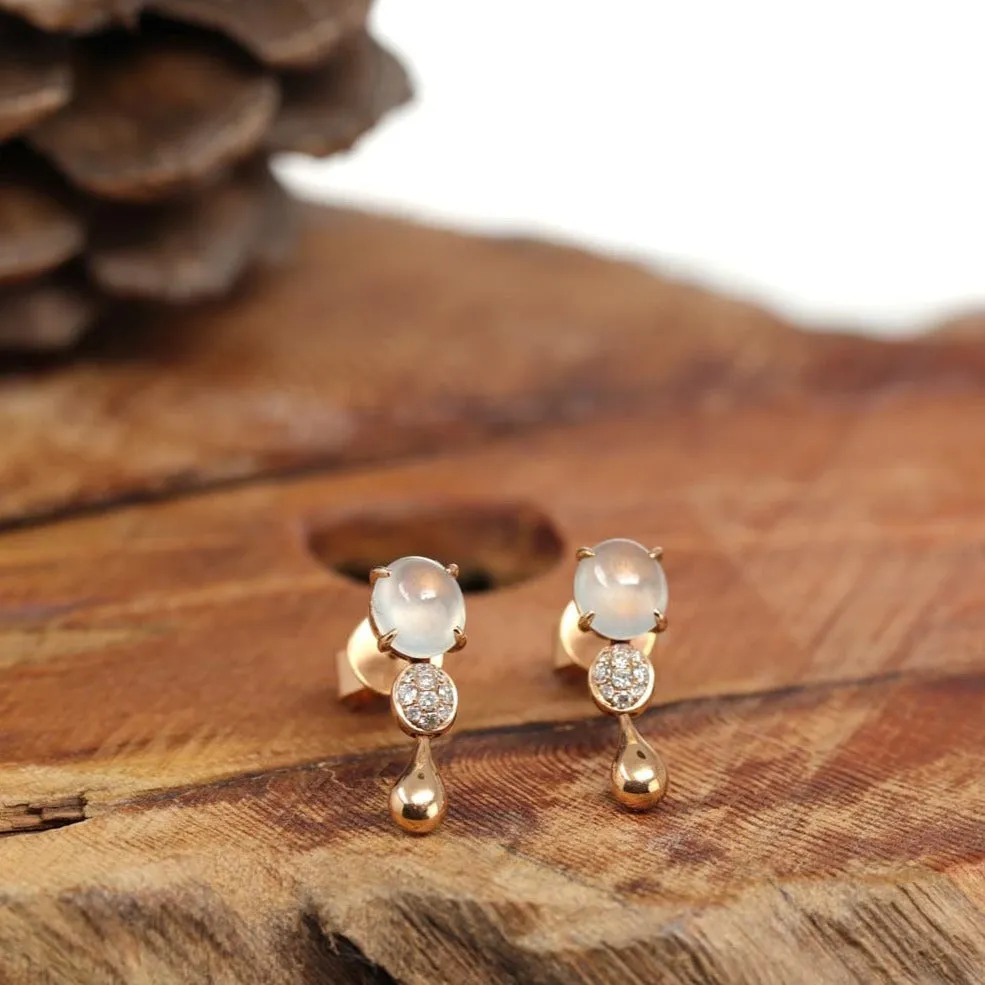 18k Rose Gold Genuine Ice Jadeite Jade Earrings With Diamonds