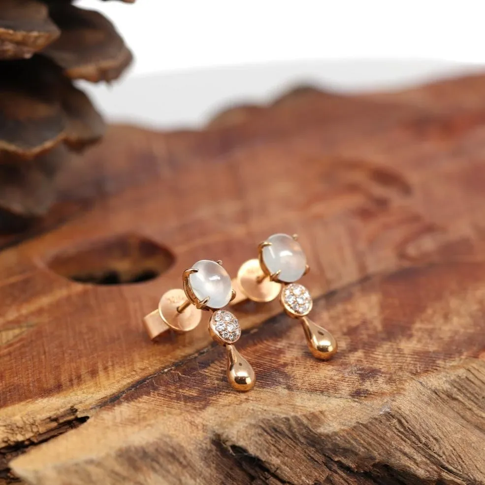 18k Rose Gold Genuine Ice Jadeite Jade Earrings With Diamonds