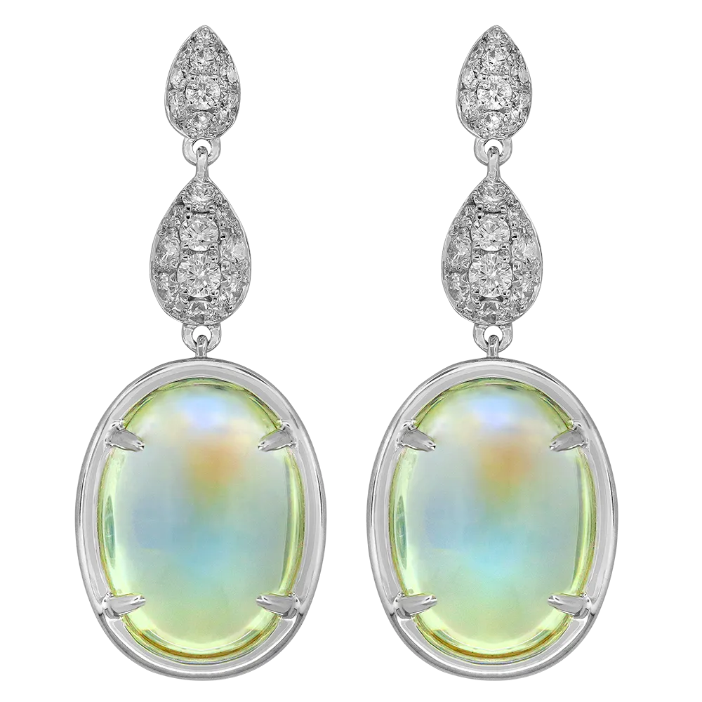 18K White Moonstone and Natural Diamond Drop Earrings