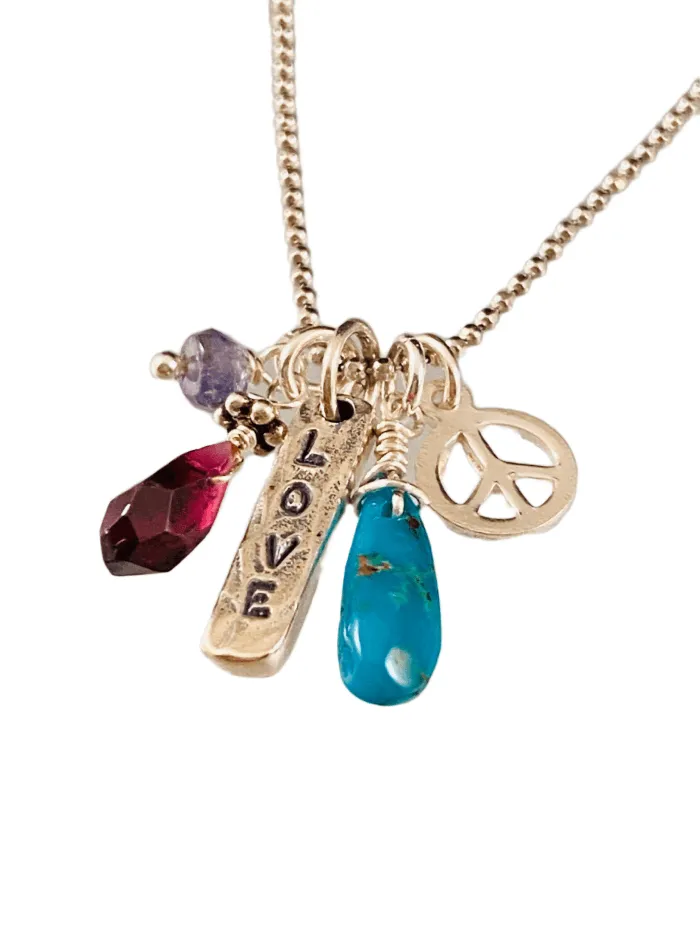 18" Love Matchstick Gem Charm Necklace Garnet Turquoise Iolite & Peace charm