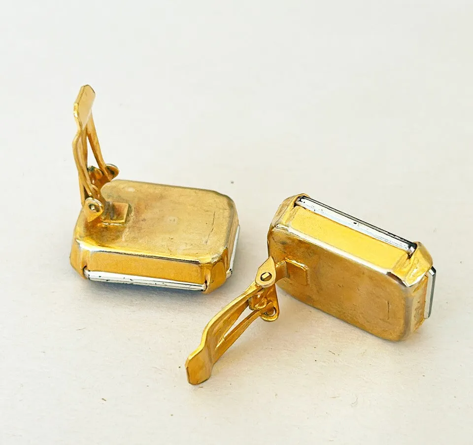 1980’s large clip on emerald cut blue rhinestone sapphire look earrings