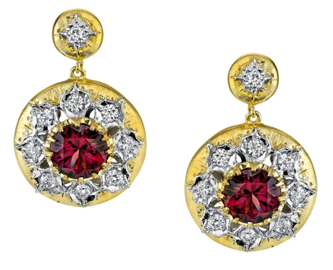 4.47 ct. t.w. Rhodolite Garnet Diamond Two-Toned Florentine Dangle Drop Earrings