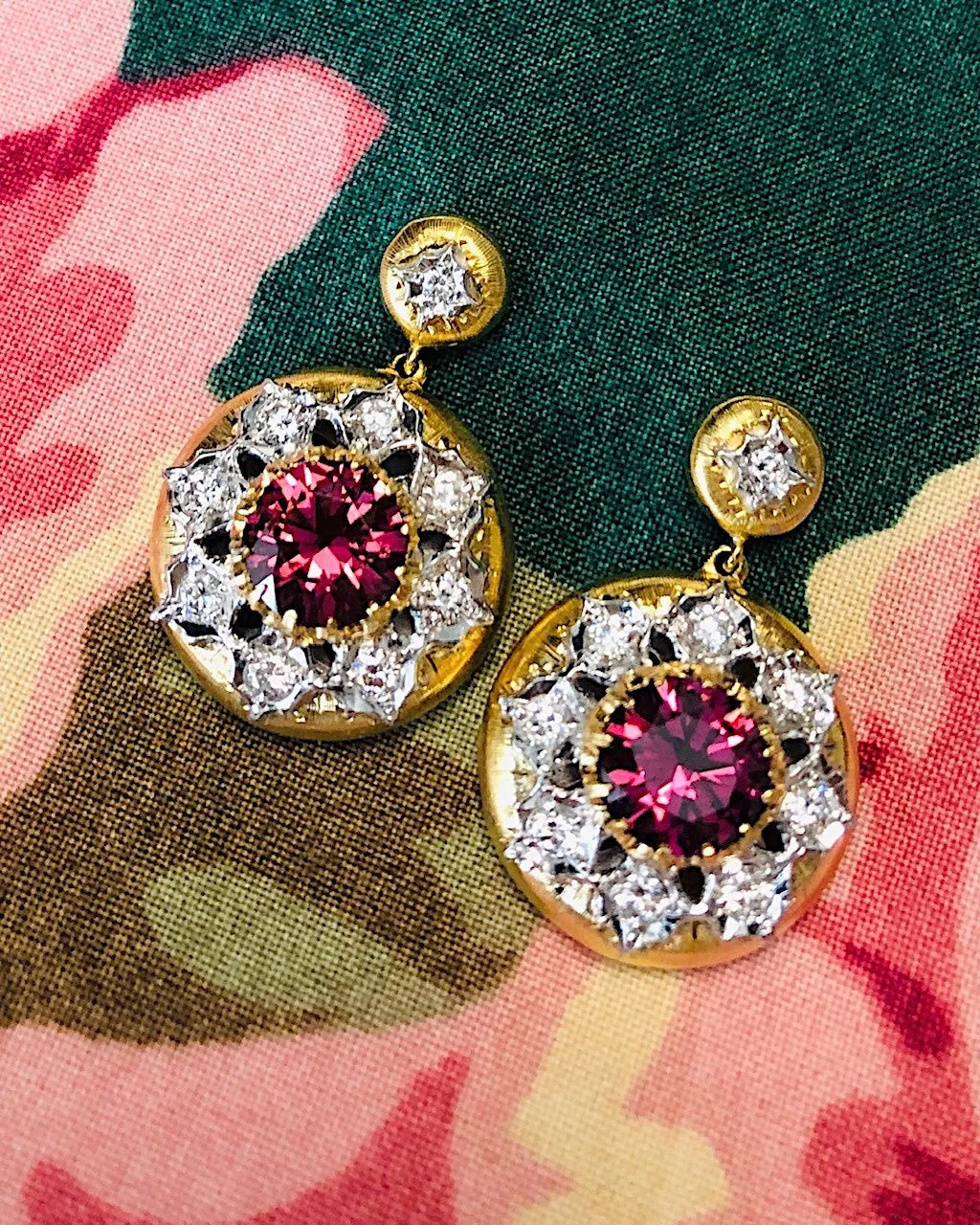 4.47 ct. t.w. Rhodolite Garnet Diamond Two-Toned Florentine Dangle Drop Earrings