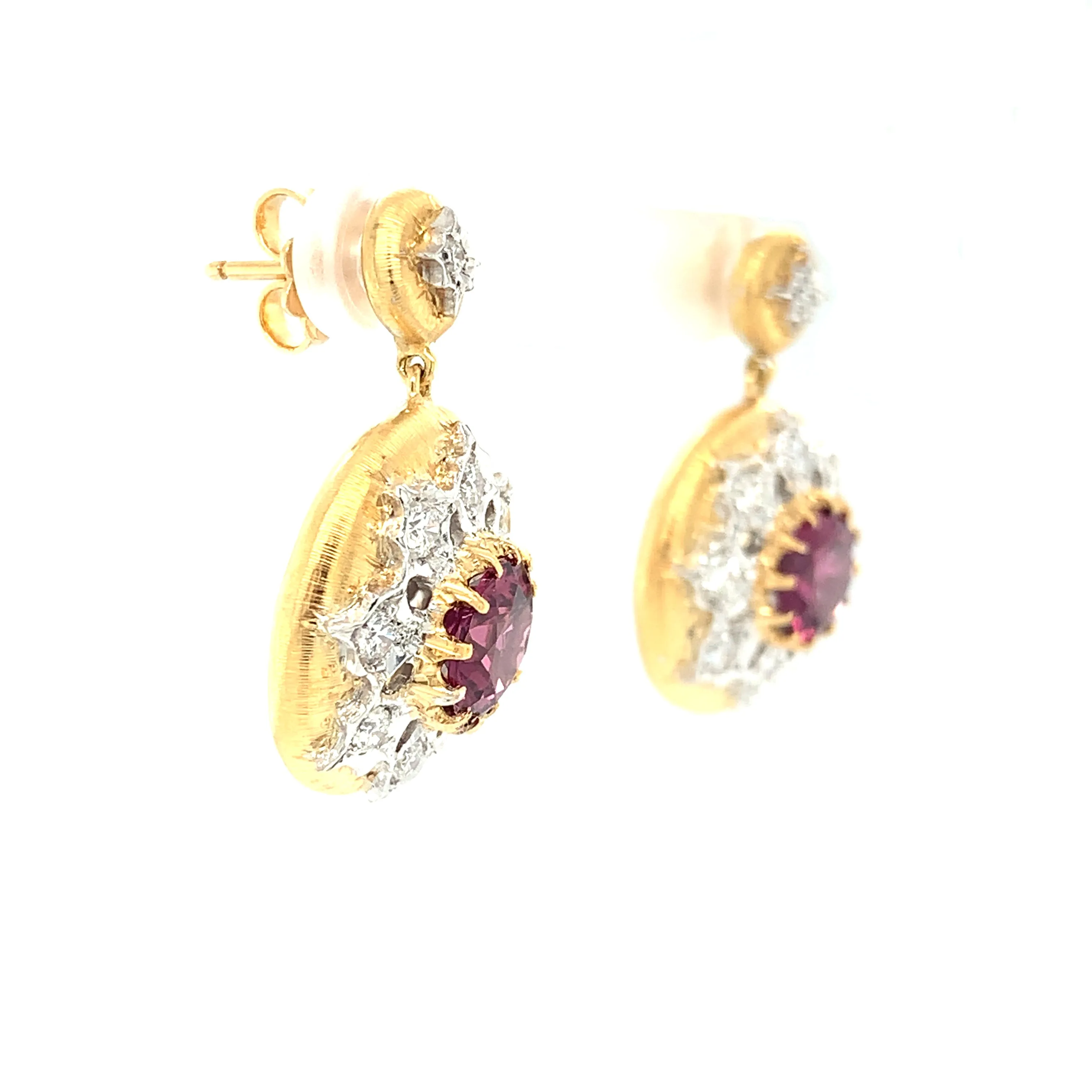 4.47 ct. t.w. Rhodolite Garnet Diamond Two-Toned Florentine Dangle Drop Earrings