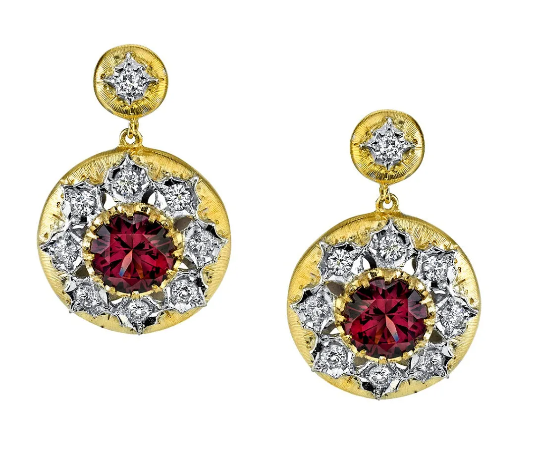 4.47 ct. t.w. Rhodolite Garnet Diamond Two-Toned Florentine Dangle Drop Earrings