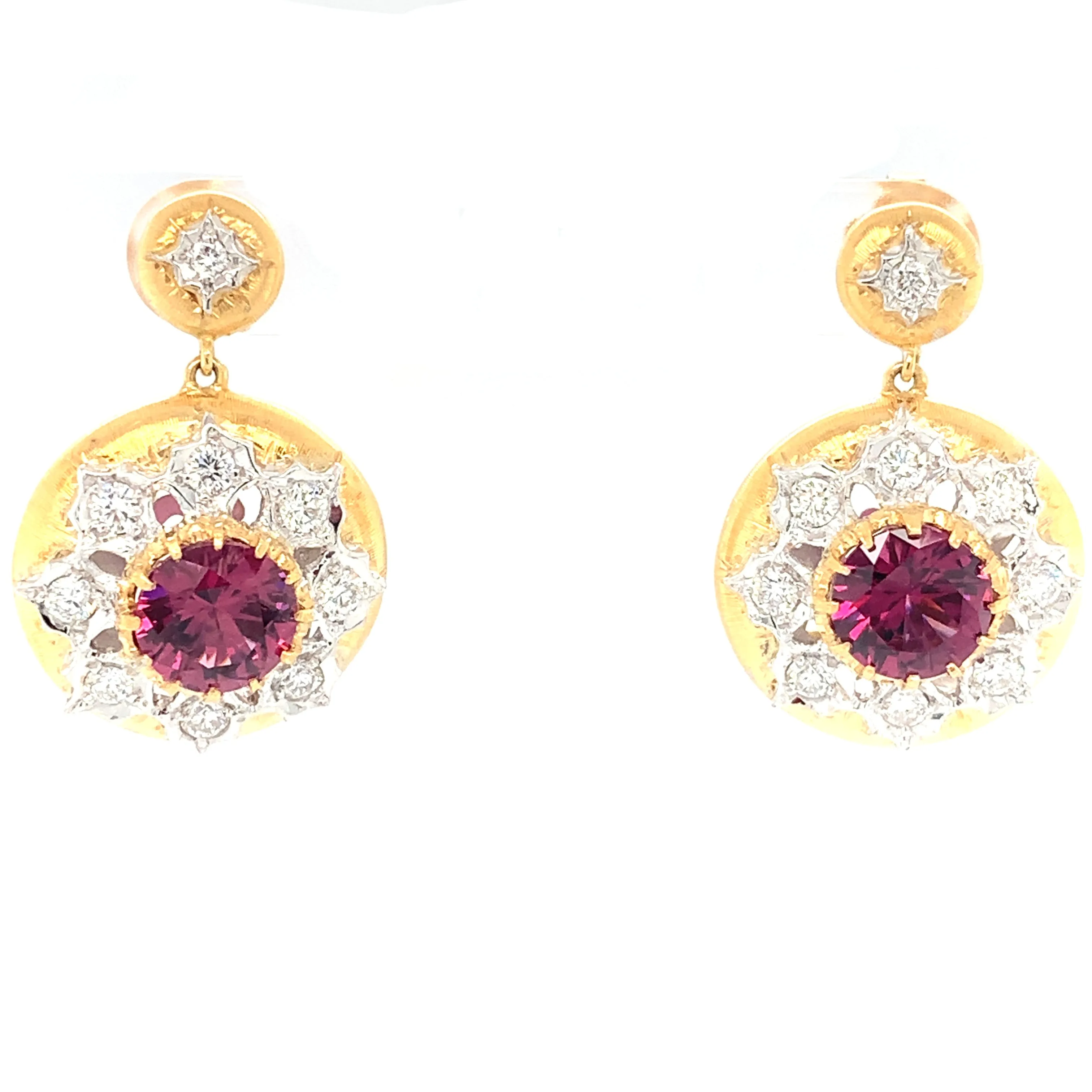 4.47 ct. t.w. Rhodolite Garnet Diamond Two-Toned Florentine Dangle Drop Earrings