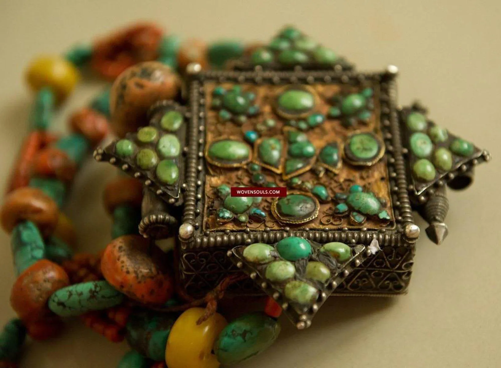 486 Old Tibetan Ghau with Amber Coral Necklace - Himalayan Jewelry