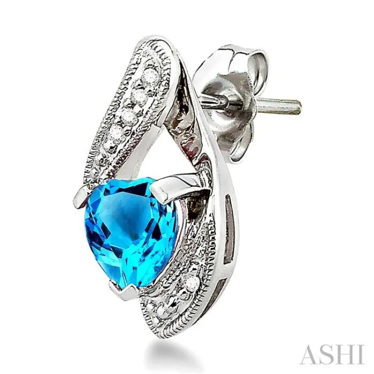 6x6mm Heart Shape Blue Topaz and 1/20 Ctw Single Cut Diamond Earrings in 14K White Gold