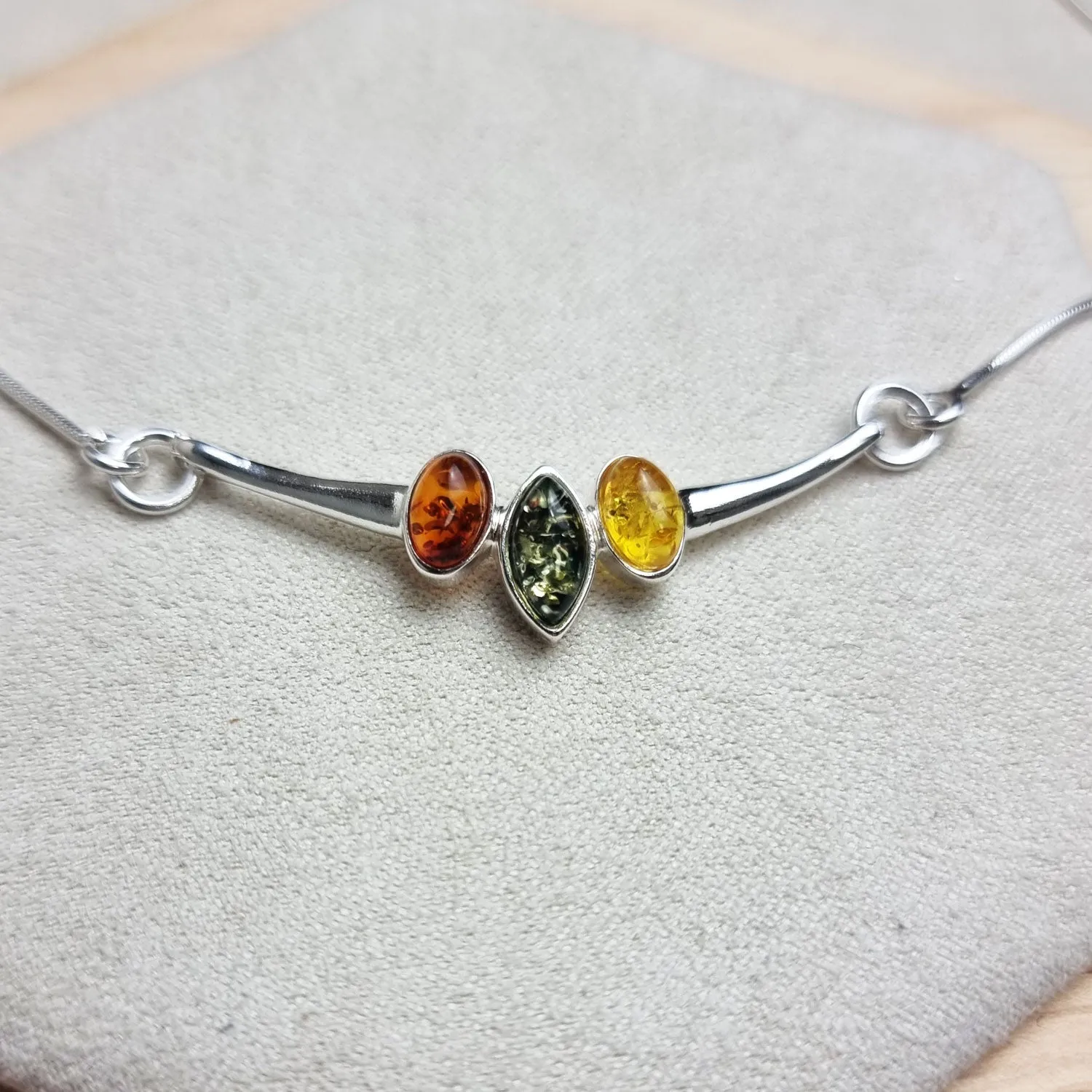 925 Sterling Silver & Genuine Baltic Amber Multi Stones Modern Necklace - 6138