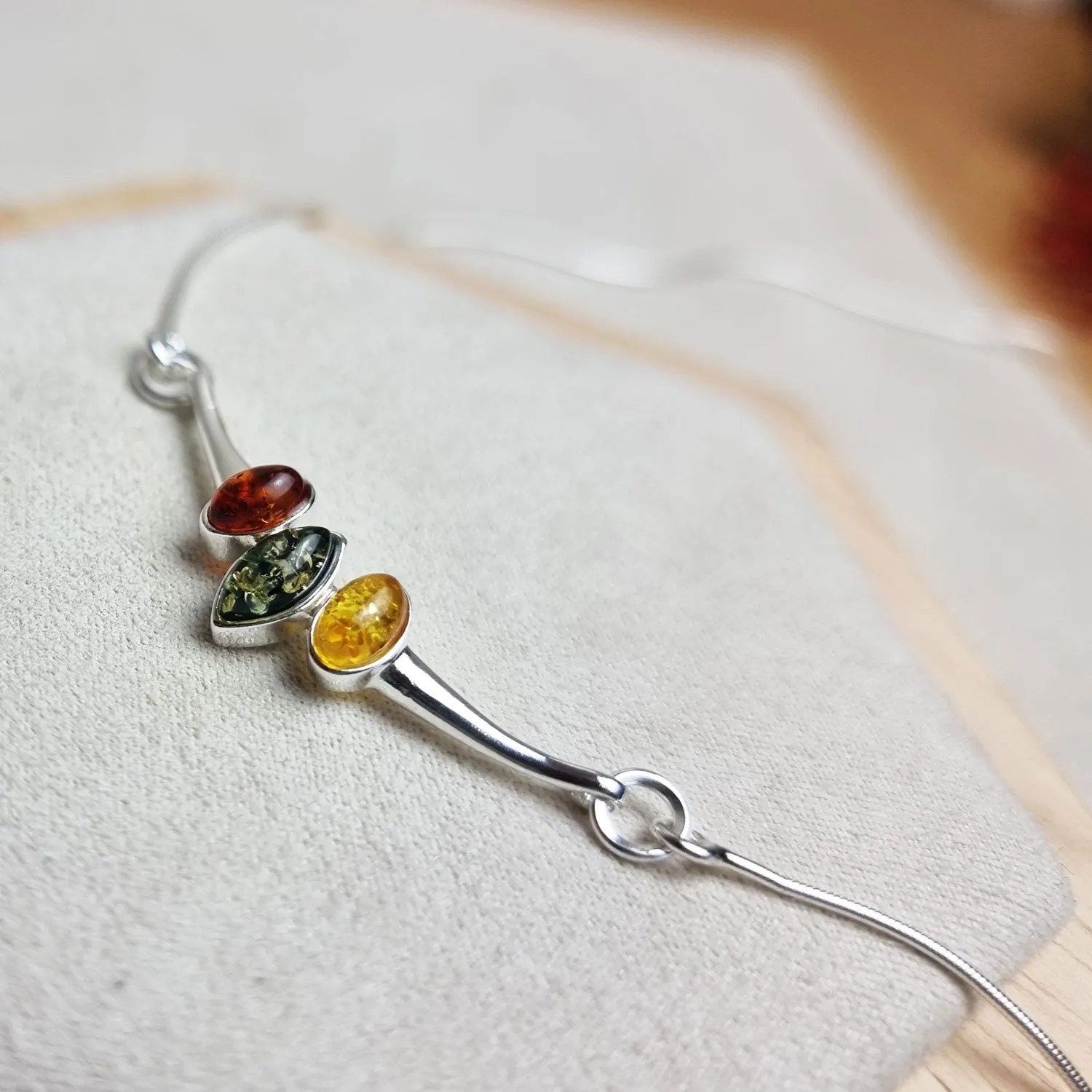 925 Sterling Silver & Genuine Baltic Amber Multi Stones Modern Necklace - 6138