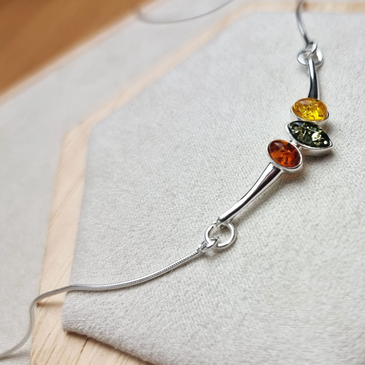 925 Sterling Silver & Genuine Baltic Amber Multi Stones Modern Necklace - 6138