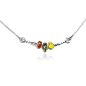 925 Sterling Silver & Genuine Baltic Amber Multi Stones Modern Necklace - 6138