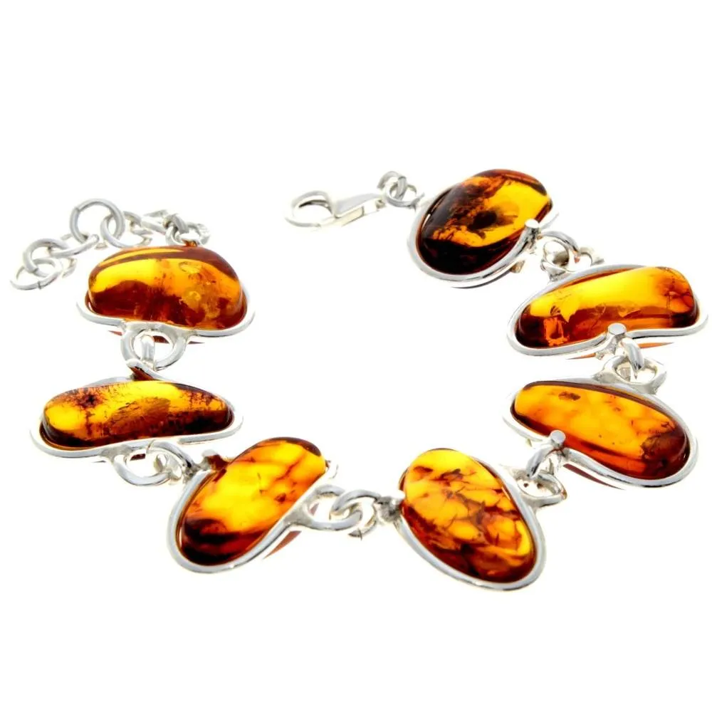 925 Sterling Silver & Genuine Cognac Baltic Amber Exclusive Link Bracelet with extender - BT173