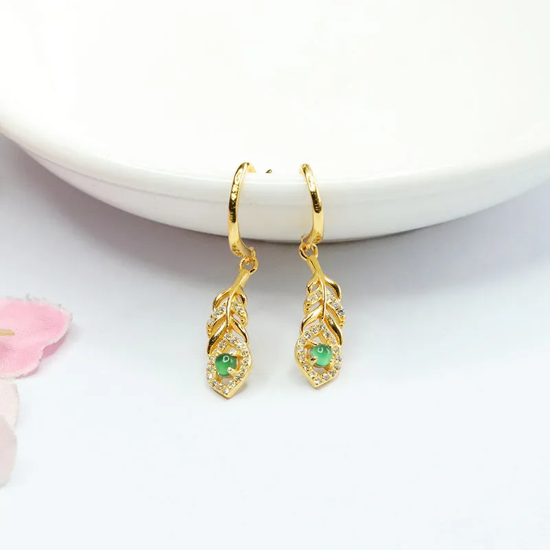 925 Sterling Silver Jade Leaf Earrings with Hook Closure