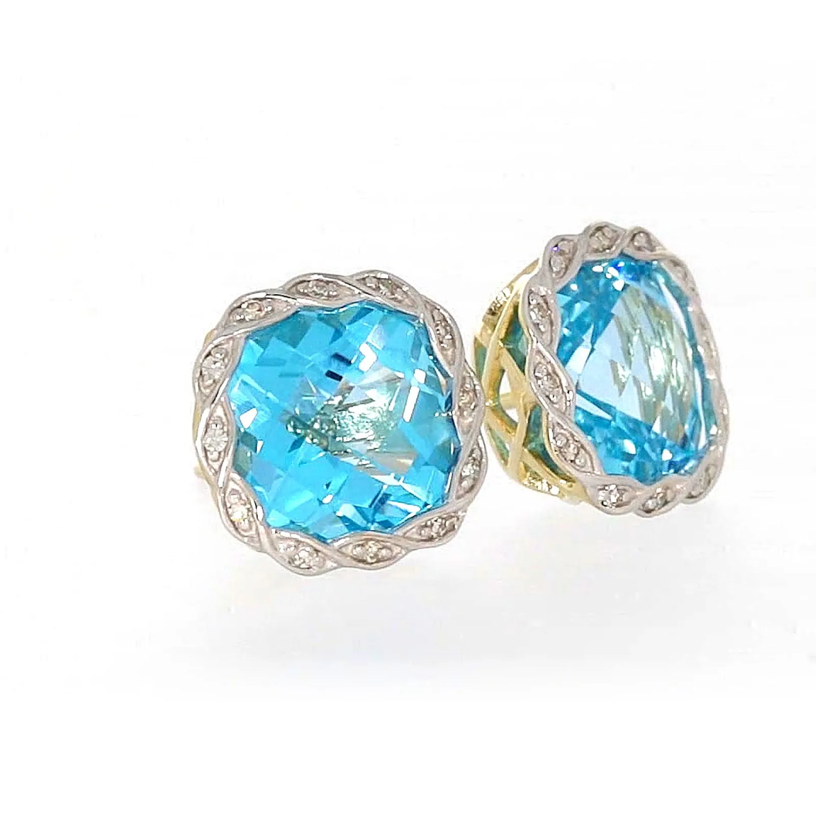 9ct Two Tone Gold Cushion & Round Brilliant Cut Blue Topaz & Diamond Set Stud Earrings