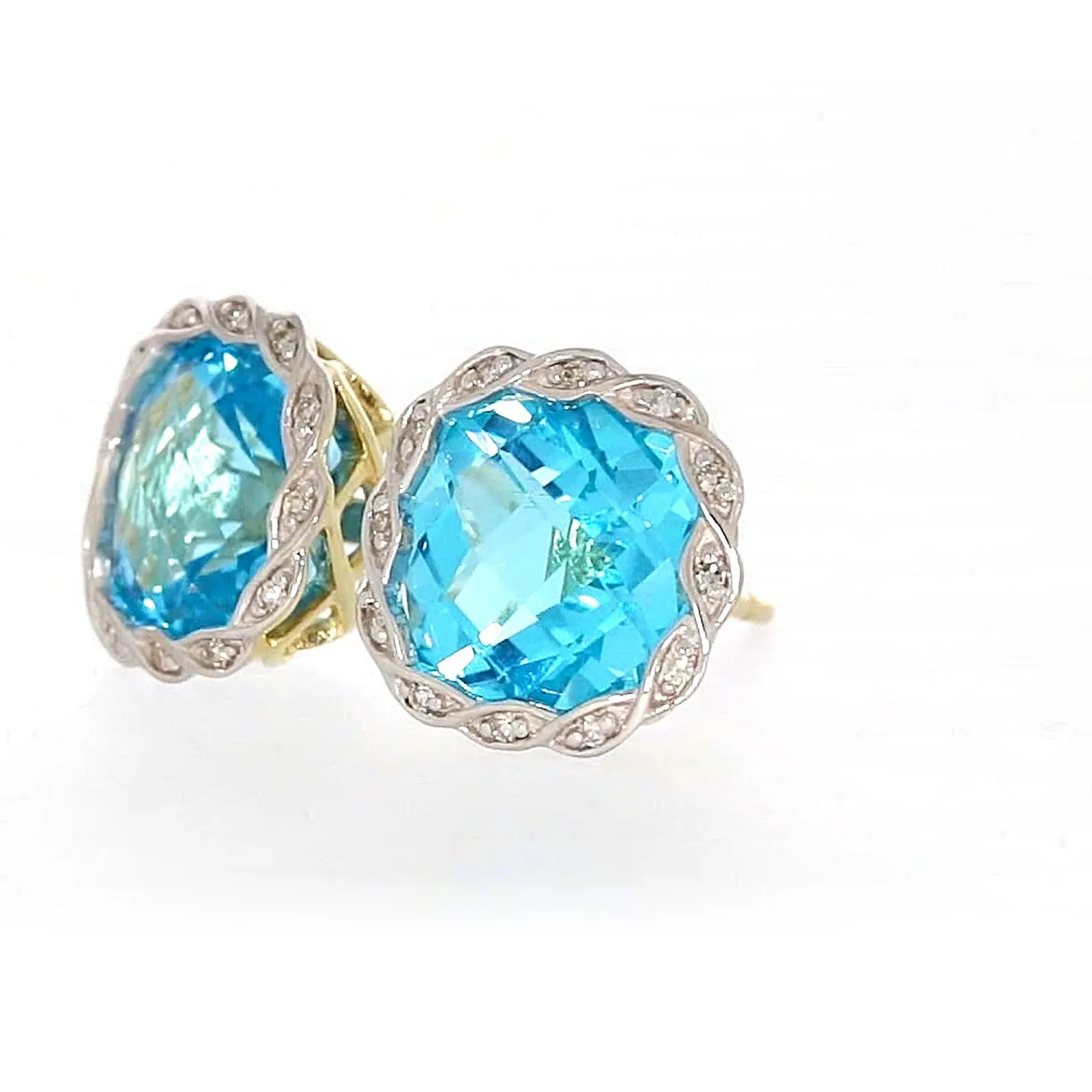9ct Two Tone Gold Cushion & Round Brilliant Cut Blue Topaz & Diamond Set Stud Earrings