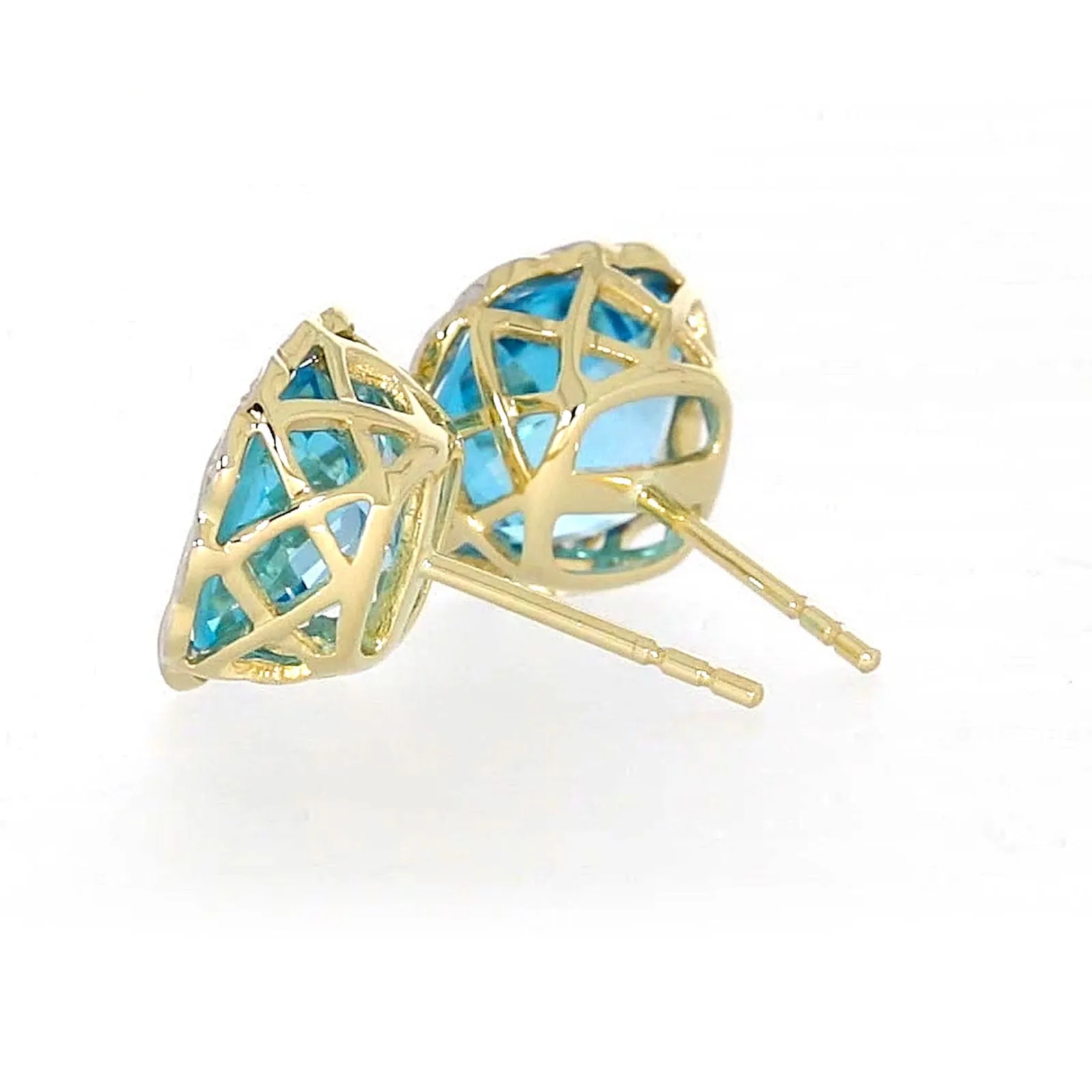 9ct Two Tone Gold Cushion & Round Brilliant Cut Blue Topaz & Diamond Set Stud Earrings