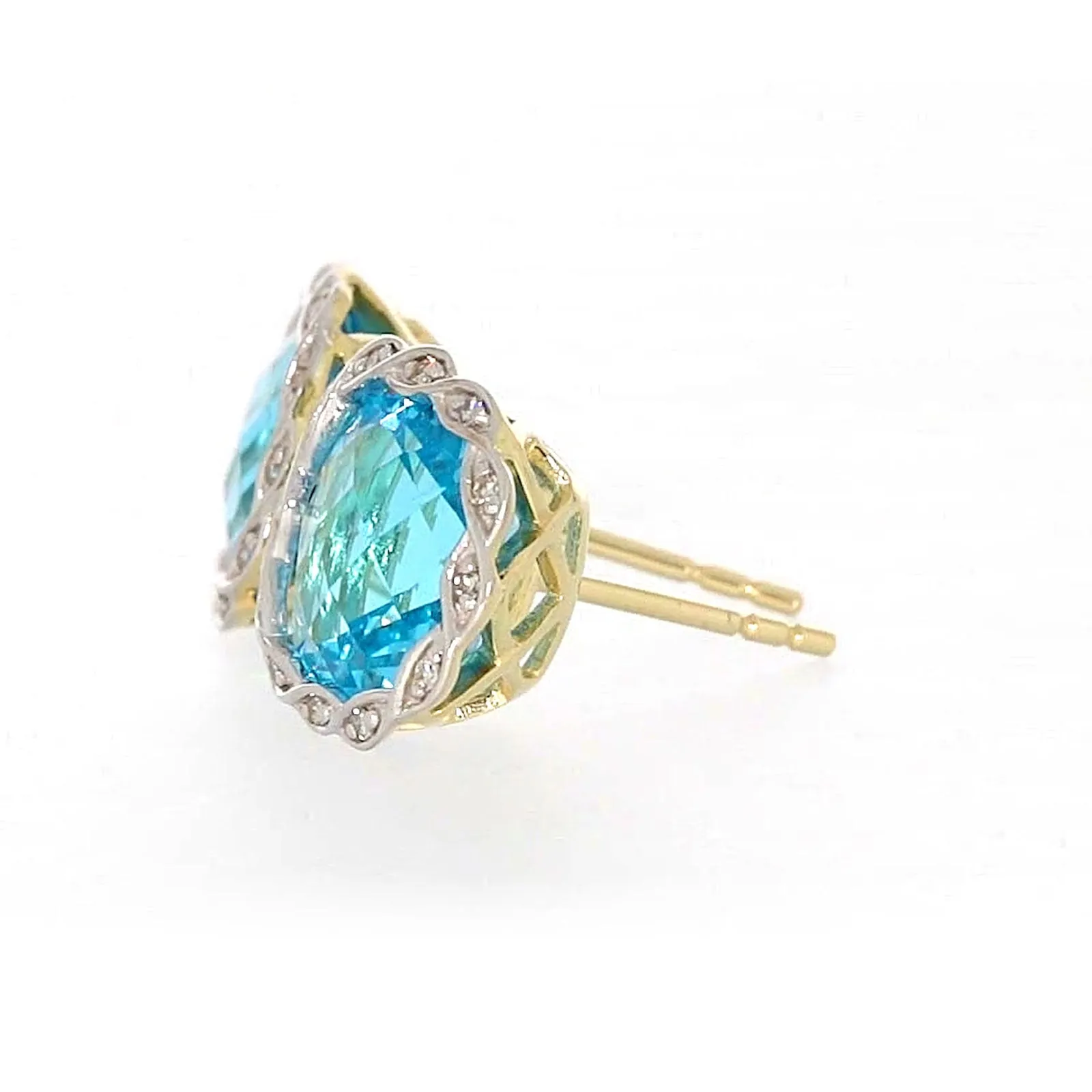 9ct Two Tone Gold Cushion & Round Brilliant Cut Blue Topaz & Diamond Set Stud Earrings