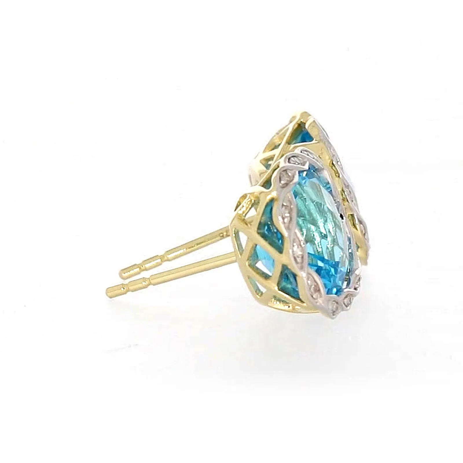 9ct Two Tone Gold Cushion & Round Brilliant Cut Blue Topaz & Diamond Set Stud Earrings