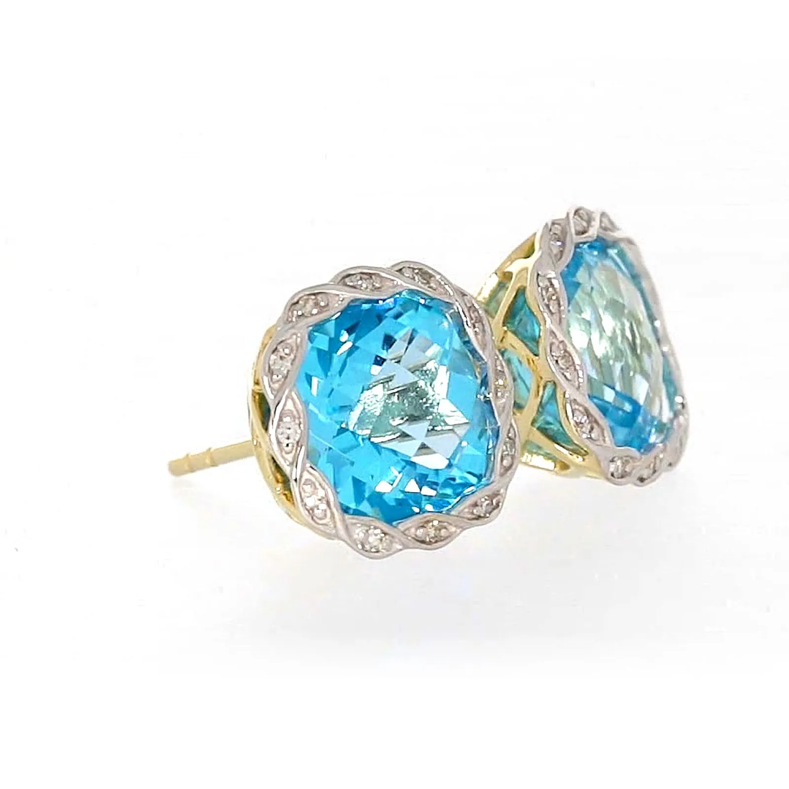 9ct Two Tone Gold Cushion & Round Brilliant Cut Blue Topaz & Diamond Set Stud Earrings