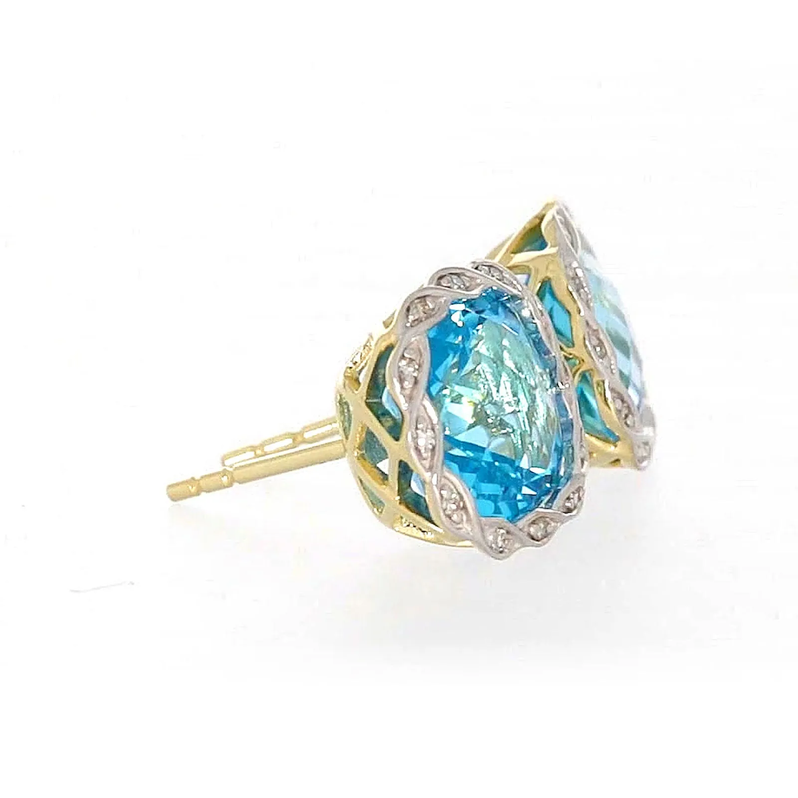 9ct Two Tone Gold Cushion & Round Brilliant Cut Blue Topaz & Diamond Set Stud Earrings