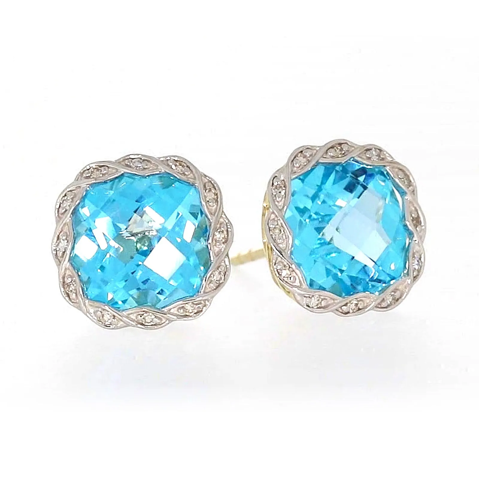 9ct Two Tone Gold Cushion & Round Brilliant Cut Blue Topaz & Diamond Set Stud Earrings