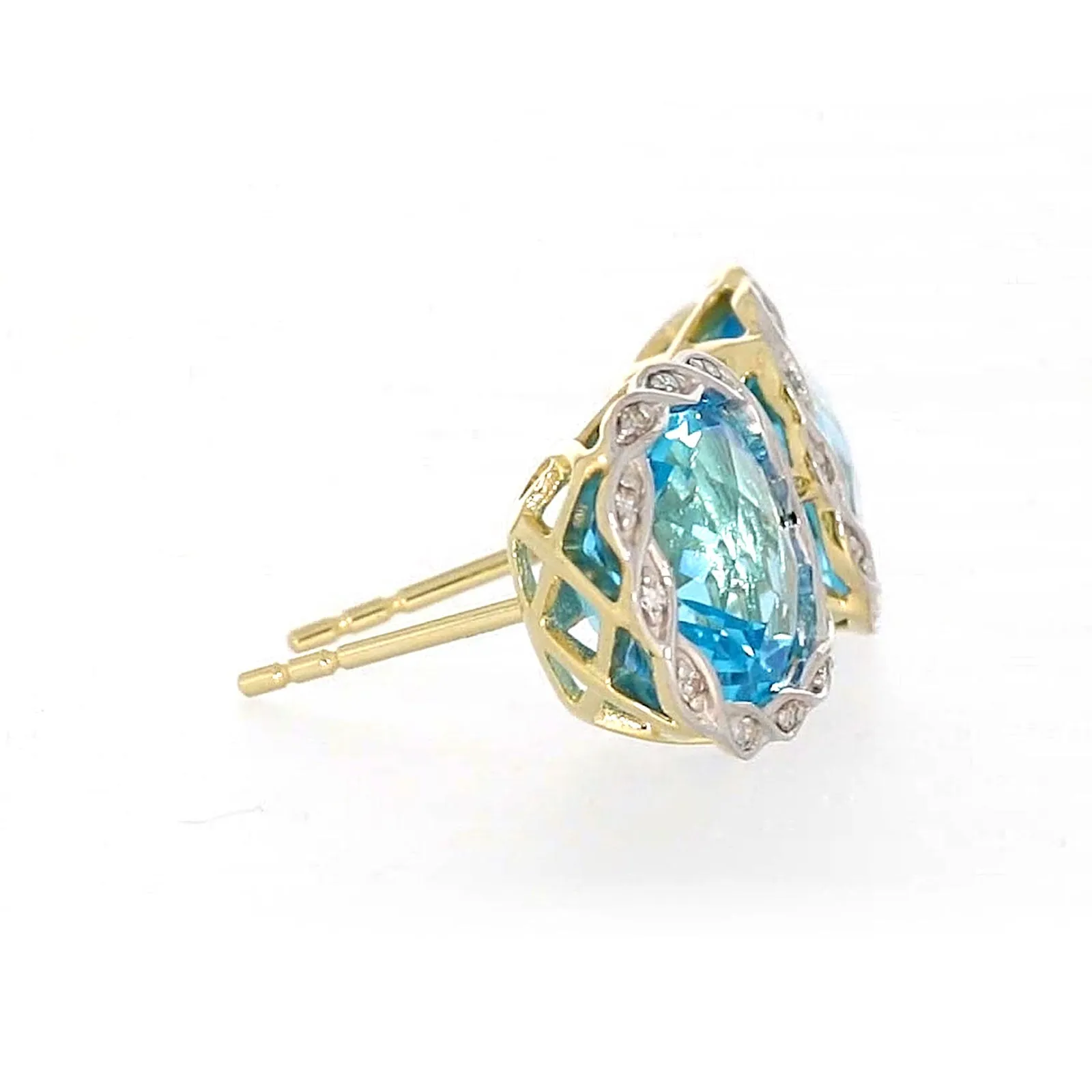 9ct Two Tone Gold Cushion & Round Brilliant Cut Blue Topaz & Diamond Set Stud Earrings