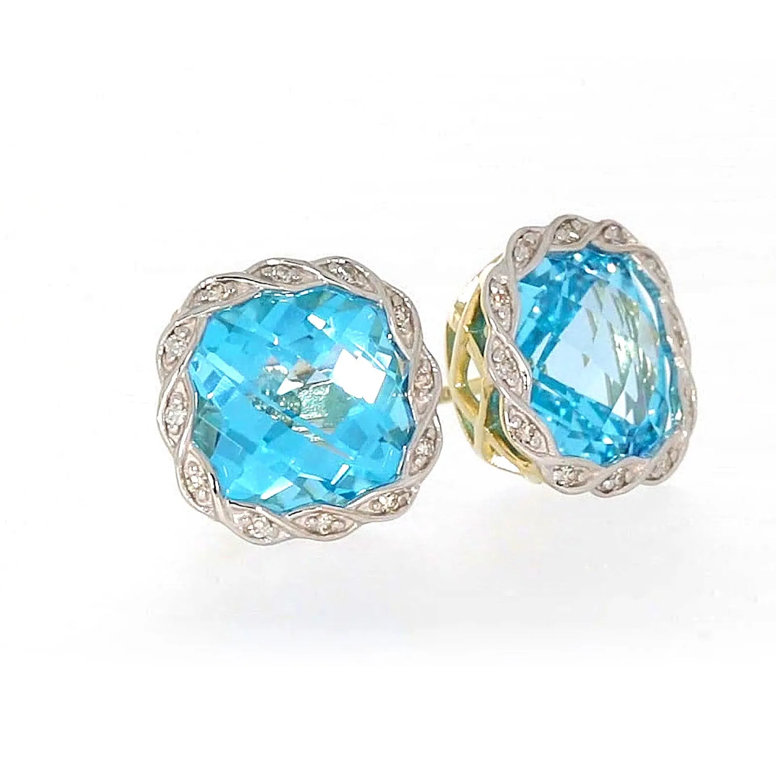 9ct Two Tone Gold Cushion & Round Brilliant Cut Blue Topaz & Diamond Set Stud Earrings