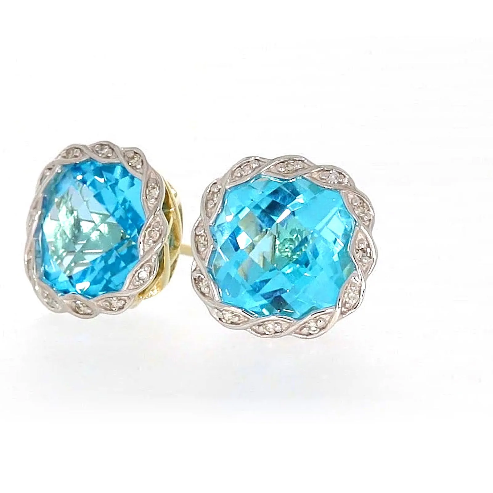 9ct Two Tone Gold Cushion & Round Brilliant Cut Blue Topaz & Diamond Set Stud Earrings