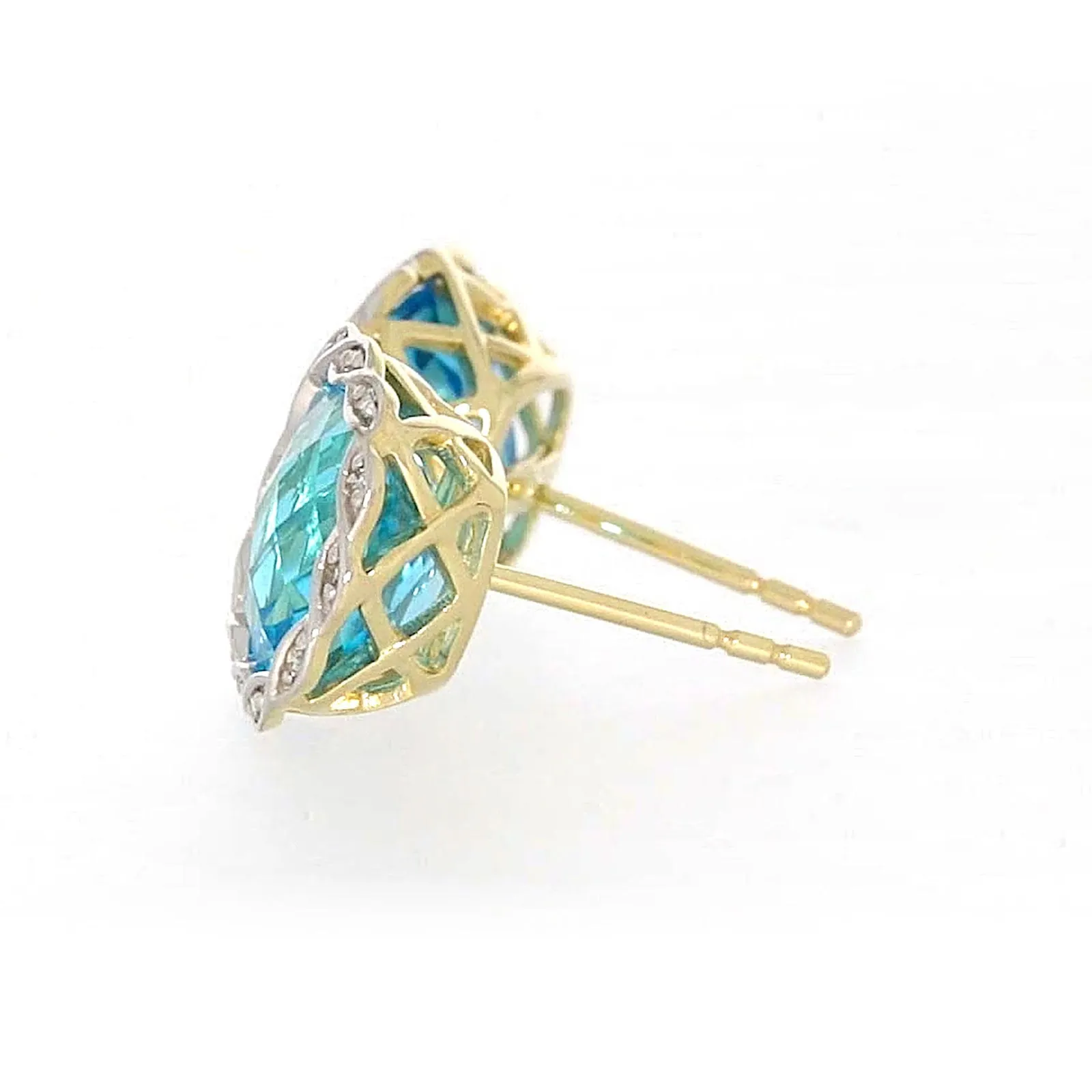 9ct Two Tone Gold Cushion & Round Brilliant Cut Blue Topaz & Diamond Set Stud Earrings