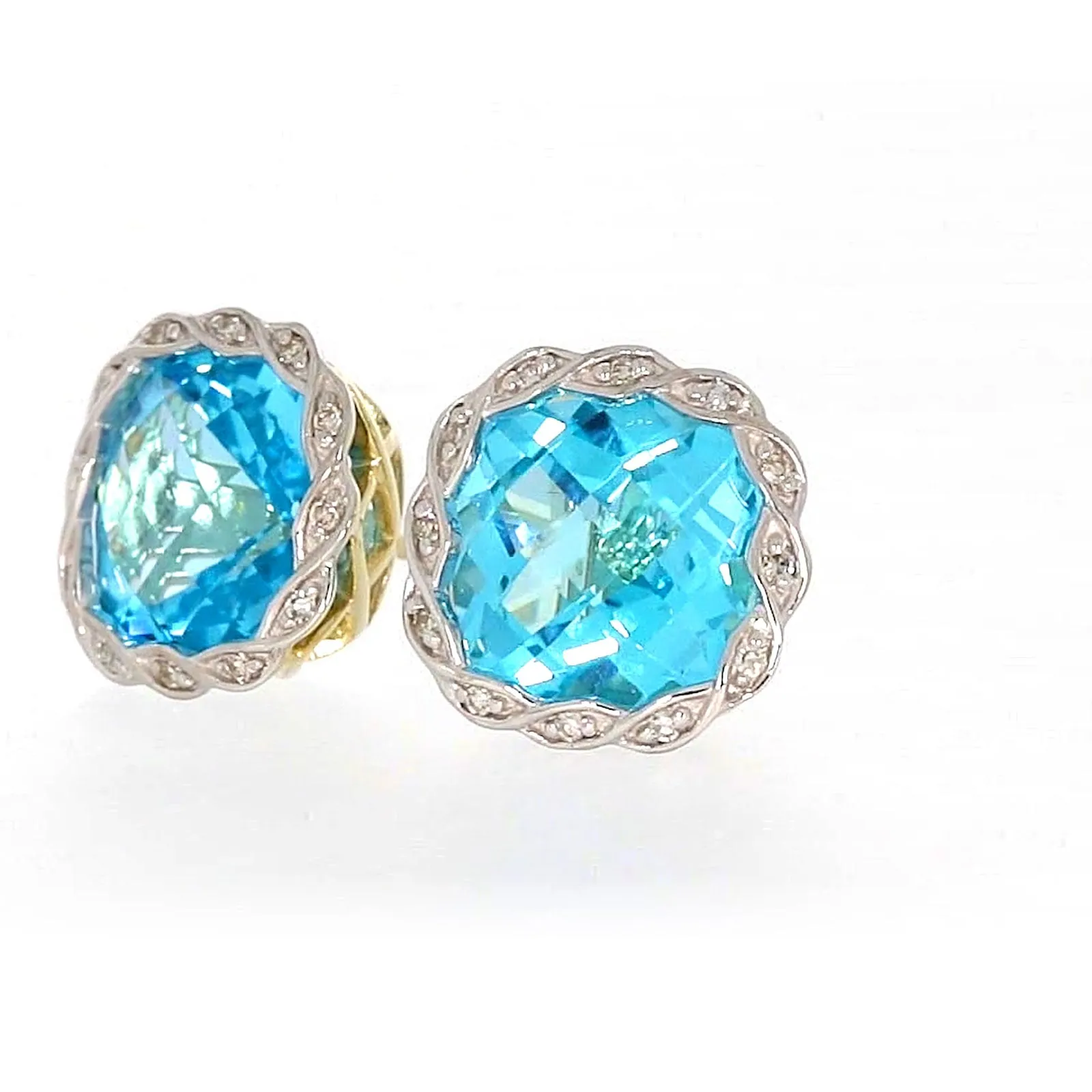 9ct Two Tone Gold Cushion & Round Brilliant Cut Blue Topaz & Diamond Set Stud Earrings