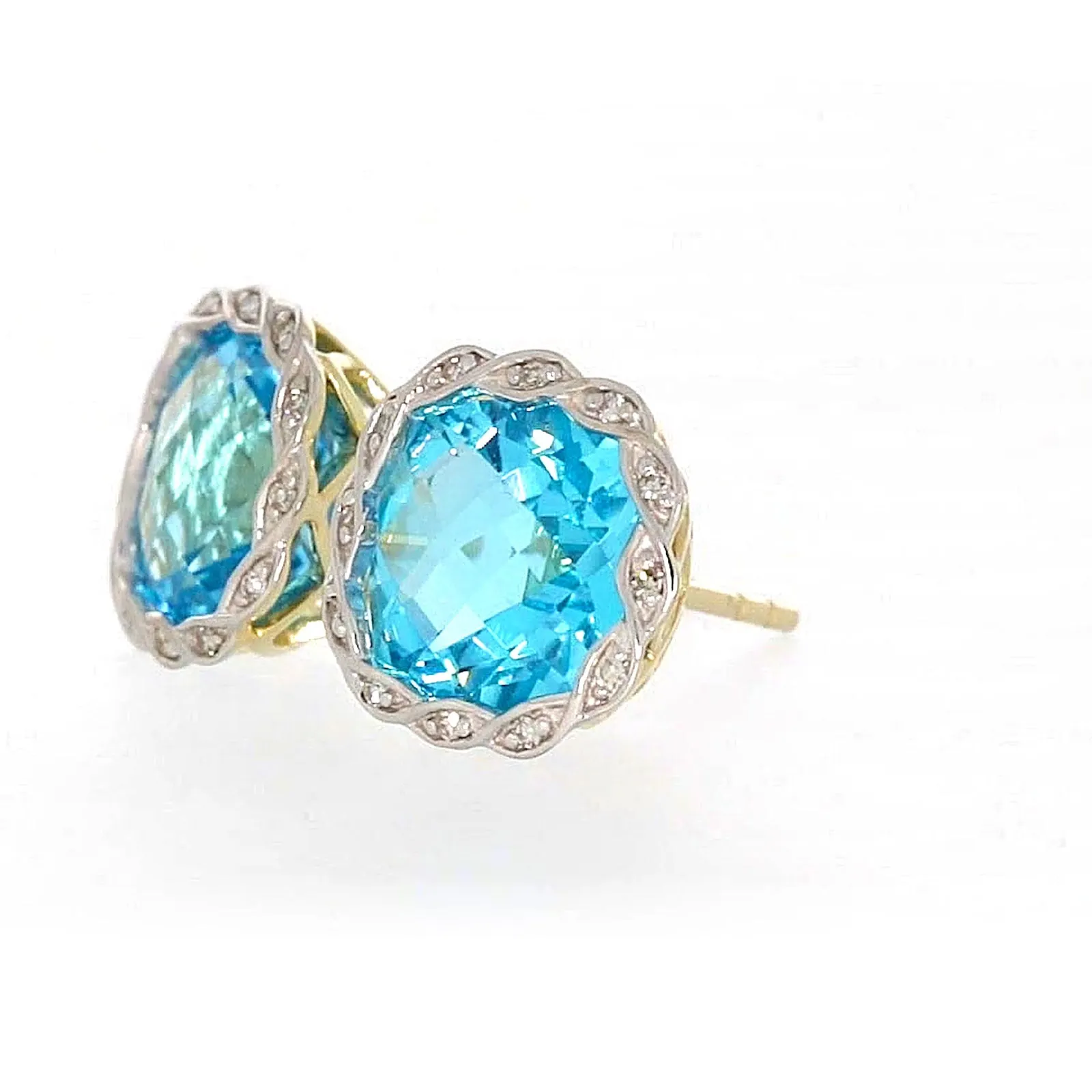 9ct Two Tone Gold Cushion & Round Brilliant Cut Blue Topaz & Diamond Set Stud Earrings