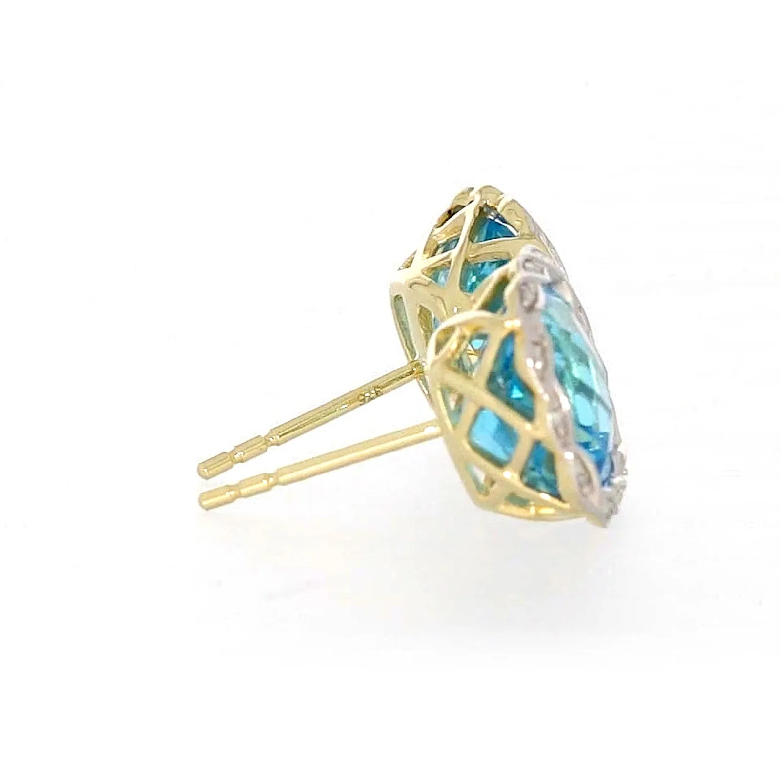 9ct Two Tone Gold Cushion & Round Brilliant Cut Blue Topaz & Diamond Set Stud Earrings